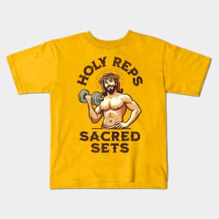 Jacked Jesus: Holy Reps & Sacred Sets. Funny Christian Religious Workout Fitness Weightlifting Humor Kids T-Shirt